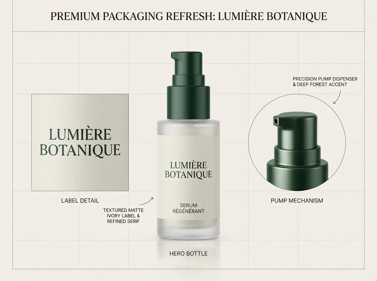 A luxury packaging refresh board for a glass skincare bottle featuring clean labels and a refined, intentional layout.